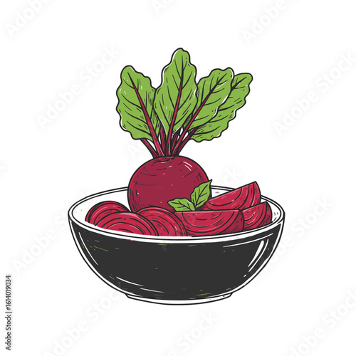 Black and white illustration of beet salad isolated on white background