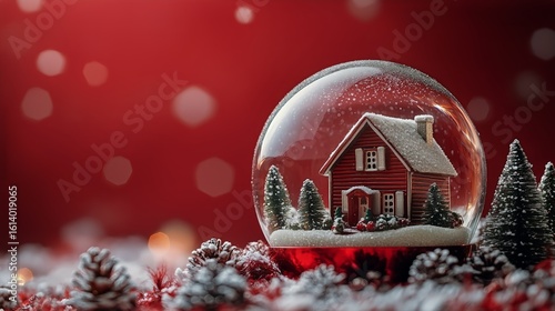 Snow Globe Displaying a Cozy Red House Surrounded by Pine Trees on a Festive ...