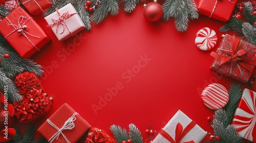 Colorful Holiday Decorations With Gifts and Candy Arranged for Festive Celebr...