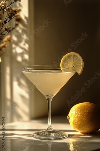 Refreshing Cocktail With Lemon Garnish Crafted in a Serene Atmosphere.
