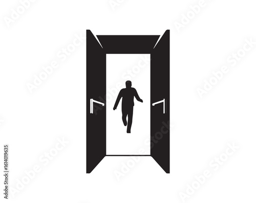 Man Running Through Open Doorway Silhouette Illustration on White Background