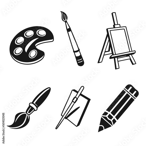 Artistic Tools Collection Palette Brushes Easel Pencil.