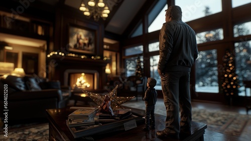 Wallpaper Mural A man and a child figurine stand in a cozy living room with a fireplace and Christmas tree, looking out the window. Torontodigital.ca