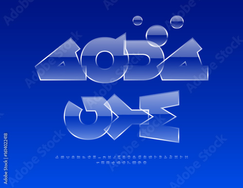 Vector Sports icon Aqua Gym. Iced Water Font. Glossy Transparent Alphabet Letters and Numbers set.