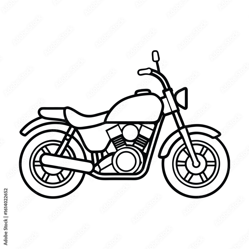 Fototapeta premium A black and white outline illustration of a classic motorcycle, viewed from the side, showcasing its engine and wheels.