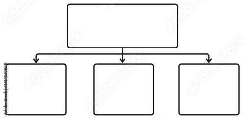 Minimalist vector template for hierarchy chart, flowchart, or business diagram on a transparent background. Clean black line style with one top block branching into three rectangular elements