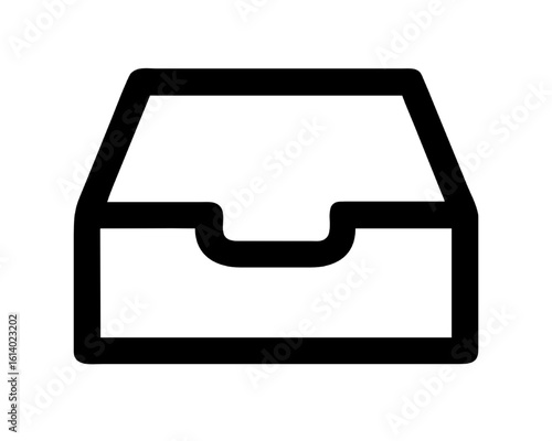 Inbox tray icon vector graphic. Simple line art symbol for incoming messages and data storage.