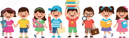 Back to school cartoon kids with school supplies vector illustration design