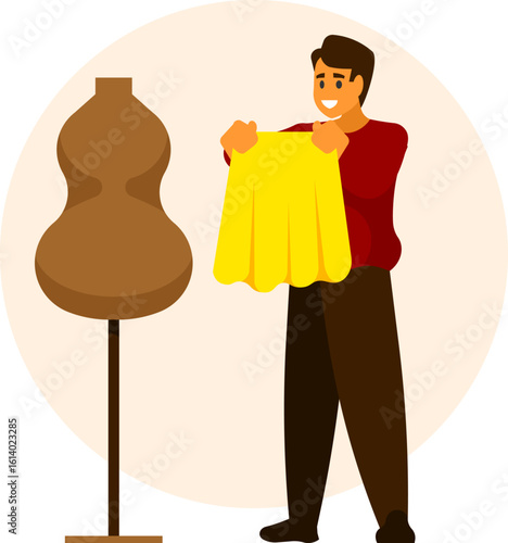 Tailoring studio concept with sewing machine, fabric, measuring tape, scissors, and tools representing fashion design, garment making, and custom clothing – flat vector illustration