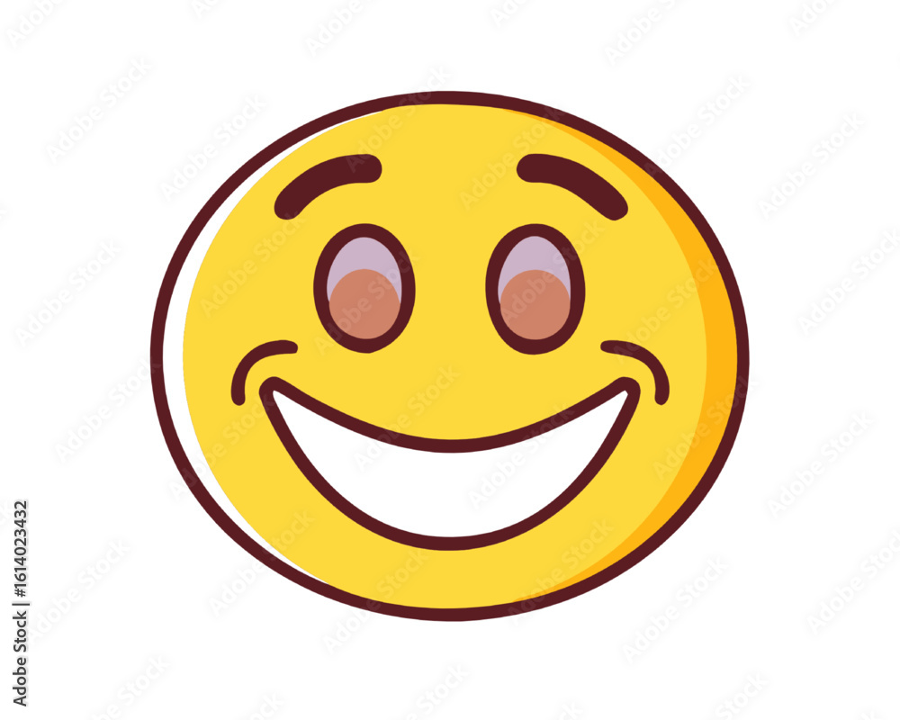 Fototapeta premium Happy face emoji with a wide smile. Cheerful yellow emoticon vector illustration on white.