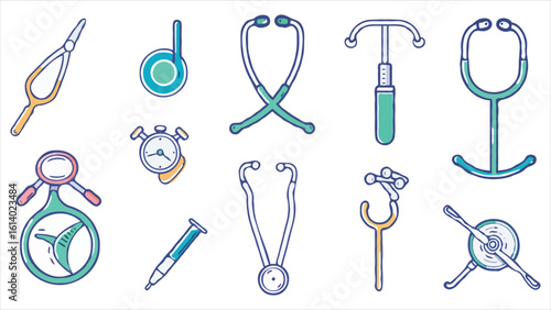 Medical Equipment Icon Set Diverse Tools for Diagnosis and Treatment Hand Drawn Style