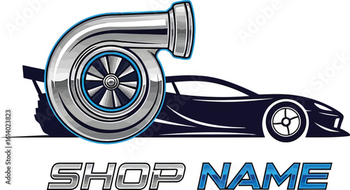 Turbo Car Repair Logo, Racing Car Silhouette with Turbocharger Icon Design
