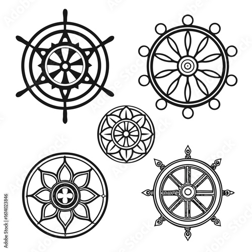 Collection of Dharma Chakra and Ship Wheels.