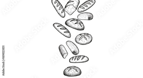 Falling bread loaf — vintage ink sketch doodle black and white vector illustration on white background, engraving or woodcut style
