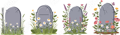 Gravestones with flowers vector illustration cemetery tombstone memorial design art