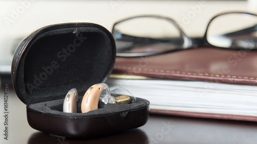 Hearing aids in a sleek case resting on a wooden table, accompanied by reading glasses and a notebook, illustrating modern assistive technology for enhanced communication