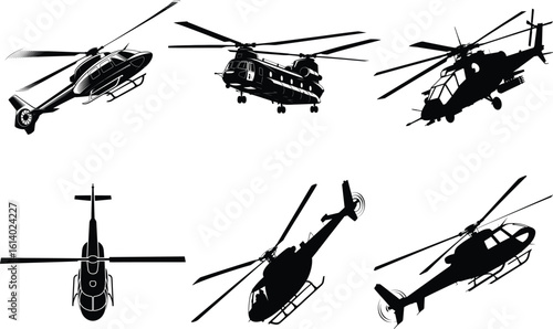 Helicopter Silhouette SVG Bundle. Flying Helicopter, Chopper Silhouette, Helicopter Flight. Military, Rescue & Transport Chopper Vector Illustration. 