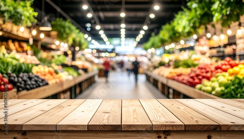 Wood table before blurred market fresh produce