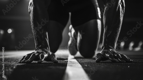 An athlete running on a track. Shot in black and white with motion blur emphasizing the speed of movement.