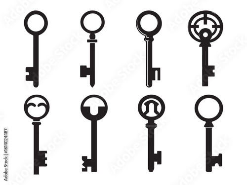 Eight black vintage keys icons on white background security and access concepts