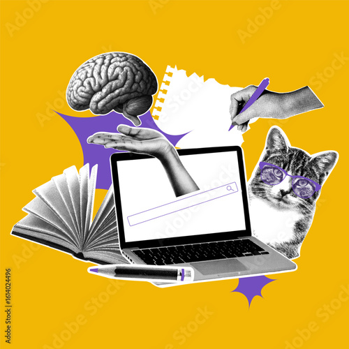 Funny retro collage with cat, laptop and brain on yellow background