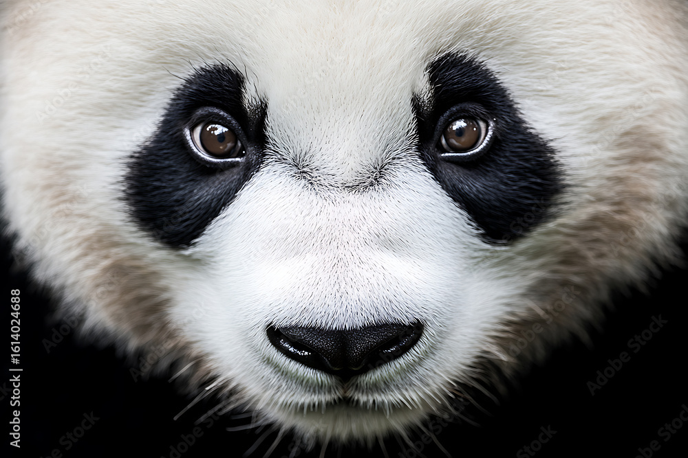 Fototapeta premium Captivating close-up of a Giant Panda's face, highlighting its iconic black and white fur, expressive eyes, and adorable nose. Nature's gentle giant.