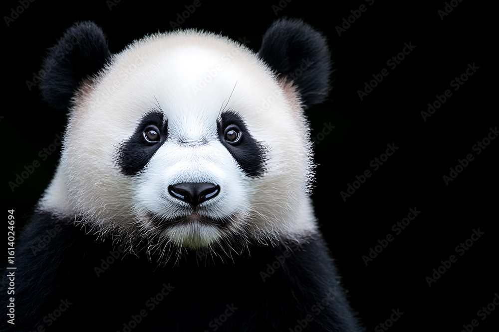 Obraz premium Giant panda portrait with striking black and white markings and focused gaze against a stark black background. Wildlife and nature photography.