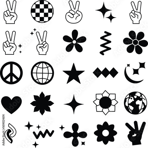 Groovy retro doodle set with Y2K symbols. A collection of black and white icons including peace signs, stars, and flowers for graphic design.