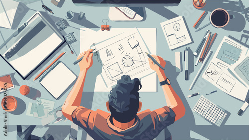 Illustrative Depiction of a Person Designing Blueprints at a Desk Surrounded by Creative Tools and Office Supplies from an Overhead Perspective