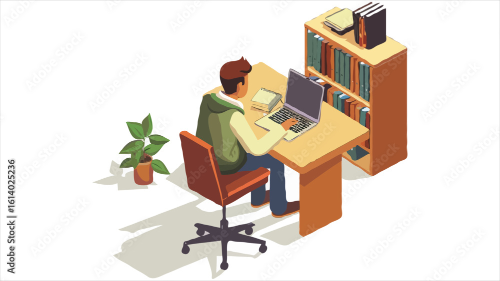 Studious Young Man at Home Desk Working on Laptop Computer Beside Plant and Bookcase for Concentration and Productivity Boost