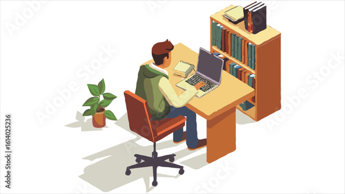 Studious Young Man at Home Desk Working on Laptop Computer Beside Plant and Bookcase for Concentration and Productivity Boost