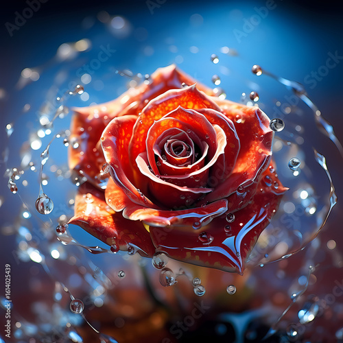 up close of a rose, red, water droplets, still photo