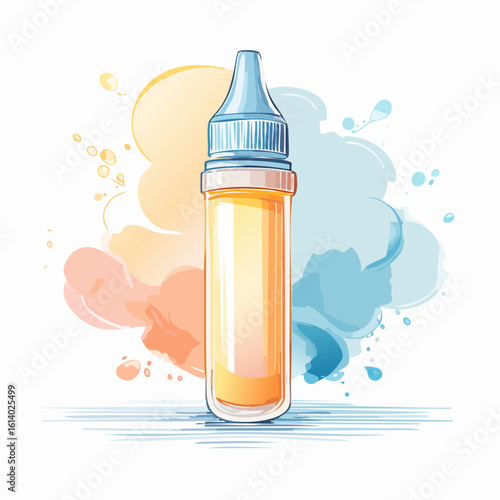 A baby bottle filled with orange liquid stands upright against a colorful abstract background with splashes of blue, yellow, and orange hues from a front viewpoint