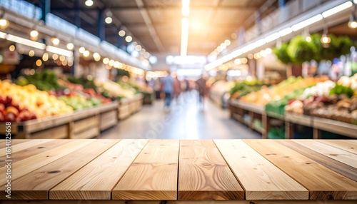 Wooden table before the out of focus marketplace