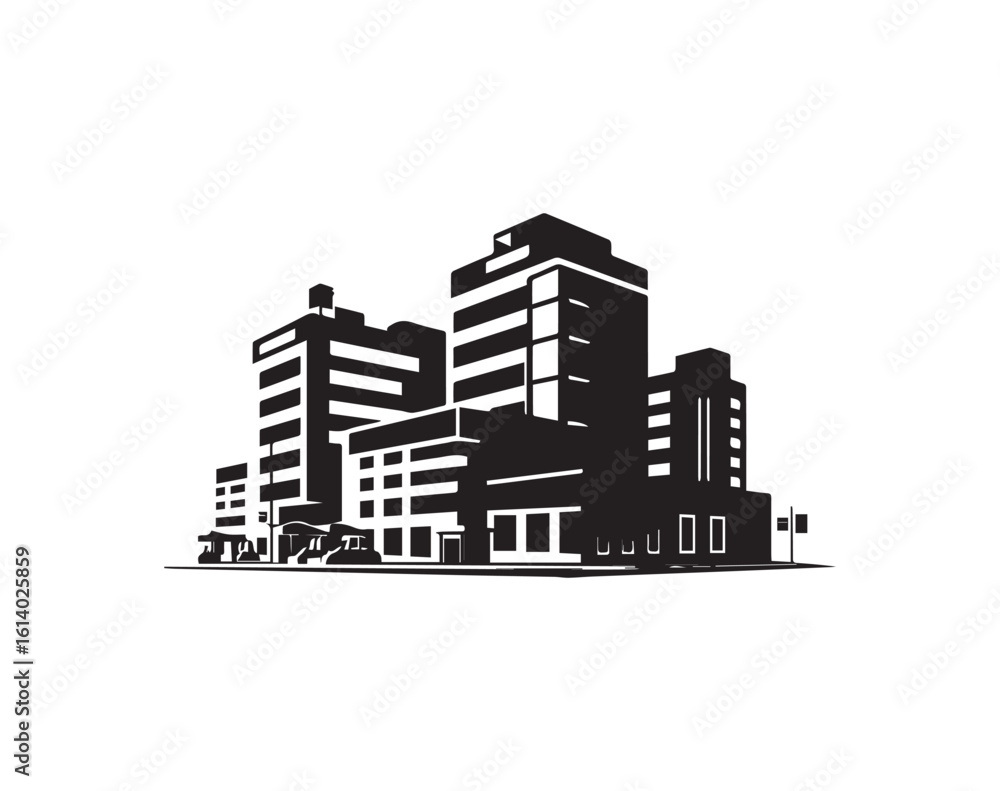Fototapeta premium Black and white city skyline icon with buildings and simple details
