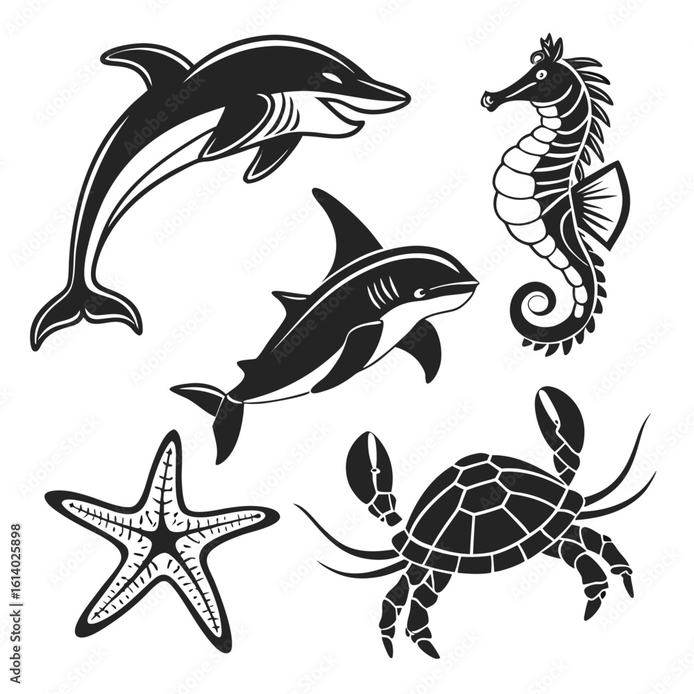 Fototapeta premium Diverse Marine Life Silhouettes Collection.