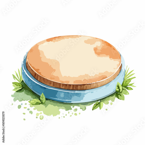 Empty circular podium with a natural wood top and blue base, decorated with fresh green leaves.