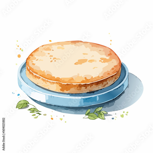 A simple golden sponge cake on a blue platter, illustrated in a delicate watercolor style.