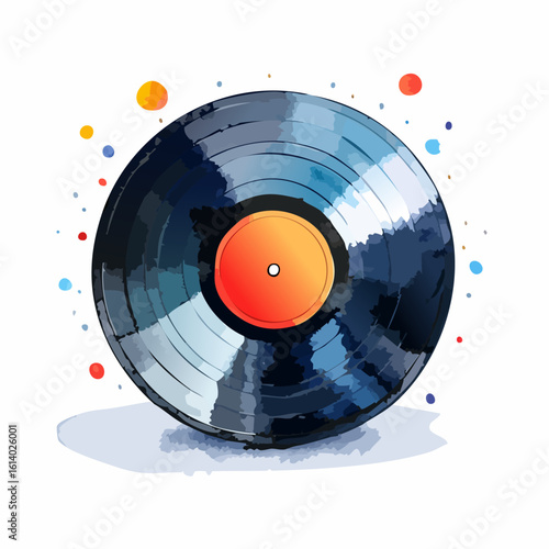 Artistic watercolor illustration of a black vinyl record with a vibrant orange label and glossy blue reflections.