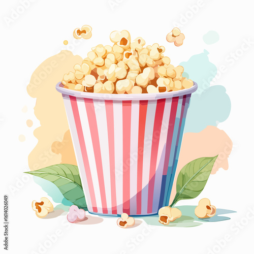 Classic red and white striped popcorn bucket overflowing with buttery kernels, watercolor art style.