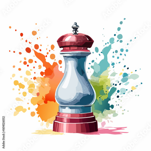 Classic white and red pepper mill illustration with a metallic grinder knob.