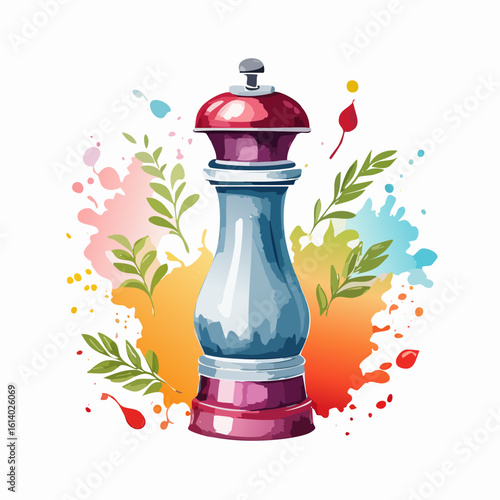 Stylish watercolor illustration of a classic pepper grinder with a red top and blue body.