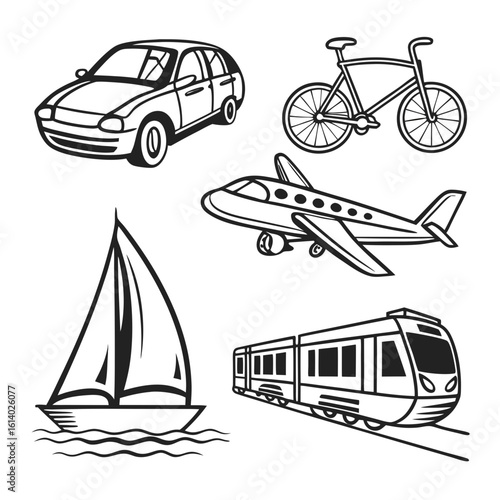 Diverse Transportation Methods Collection Car Bicycle Airplane Sailboat Train.