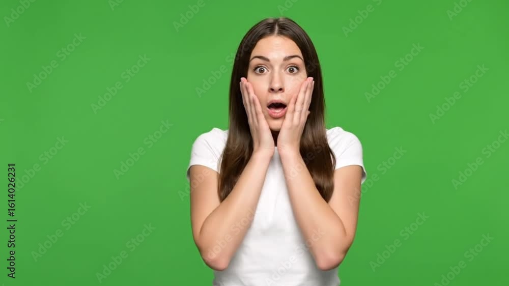 A young woman surprised shocked face green screen background A young woman surprised shocked face green screen background