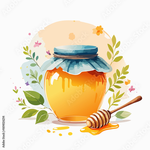 Charming watercolor honey jar with a blue fabric cover, wooden dipper, and delicate floral accents.