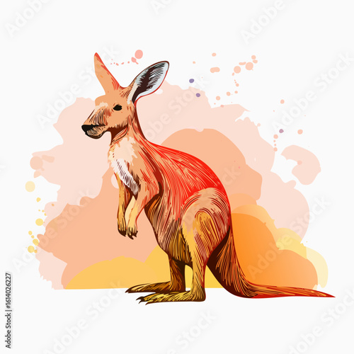 Artistic red kangaroo illustration in profile, rendered with warm watercolor splashes and detailed ink hatching.