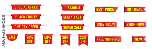 Set of red bookmarks with sale announcement. Super sale, mega sale. Only today, shop now, free shipping, hot deal. Yellow text