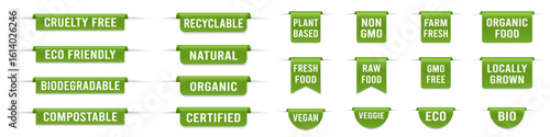Set of green bookmarks. Biodegradable, sustainable, eco-friendly labels. Locally grown, cruelty free, farm fresh. Vegan, plant based