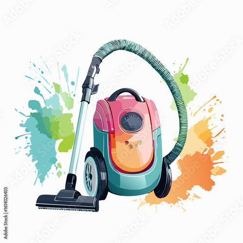 Stylized illustration of a colorful canister vacuum cleaner with a ribbed hose.