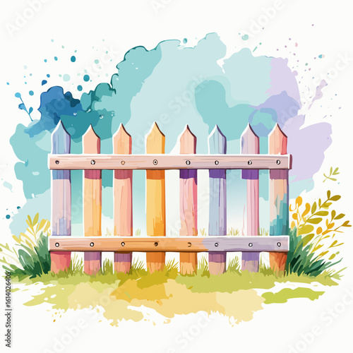 A rustic wooden picket fence painted in soft pastel colors, watercolor style.